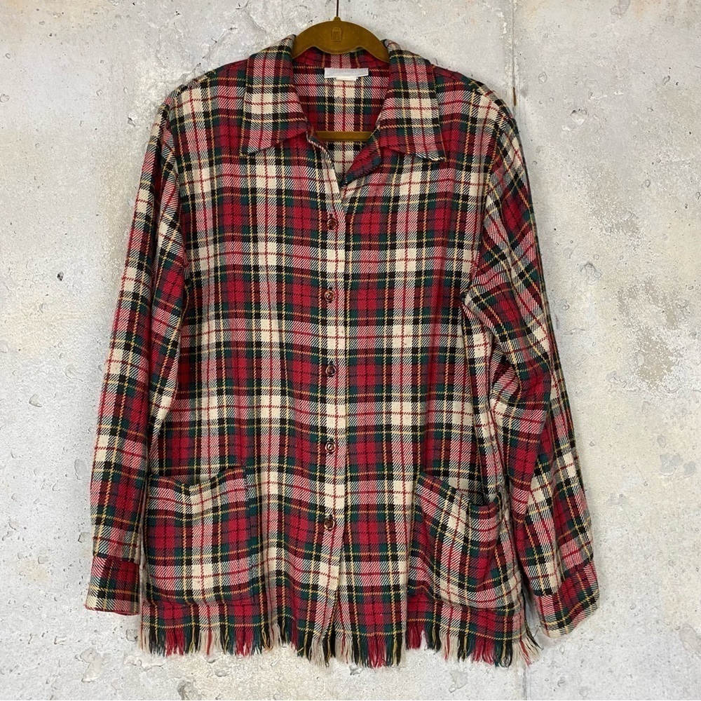 Vintage Christmas plaid red green distressed button up long sleeve shirt large